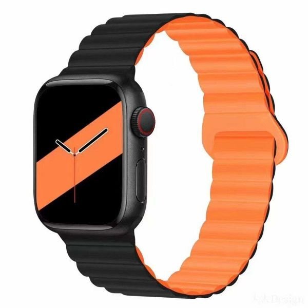 Apple Watch 49-45-44-42mm TWO Magnetli Silikon Kordon Siyah-Turuncu