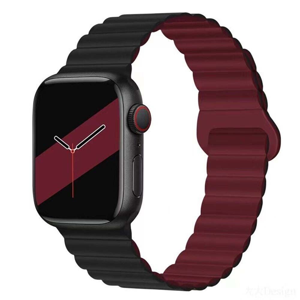 Apple Watch 49-45-44-42mm TWO Magnetli Silikon Kordon Siyah-Bordo