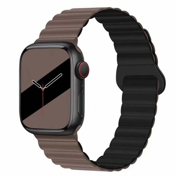 Apple Watch 49-45-44-42mm TWO Magnetli Silikon Kordon Kahverengi-Siyah
