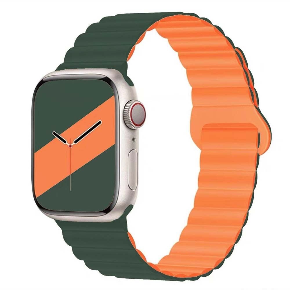 Apple Watch 49-45-44-42mm TWO Magnetli Silikon Kordon Yeşil-Turuncu