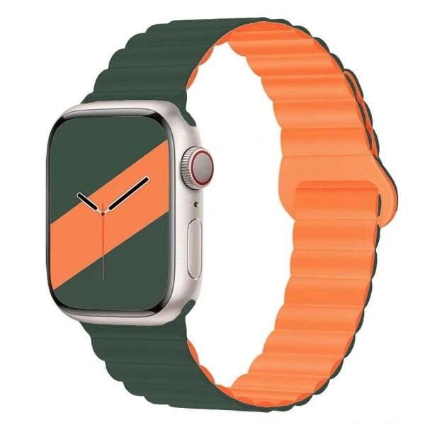 Apple Watch 49-45-44-42mm TWO Magnetli Silikon Kordon Yeşil-Turuncu