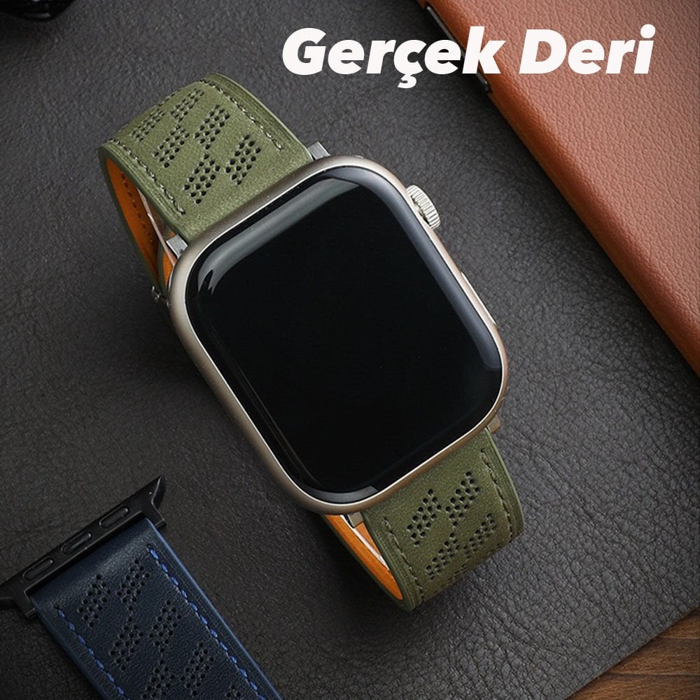 Apple Watch 49/46/45/44mm Brad Deri Kordon Gerçek Deri Delikli Tasarım