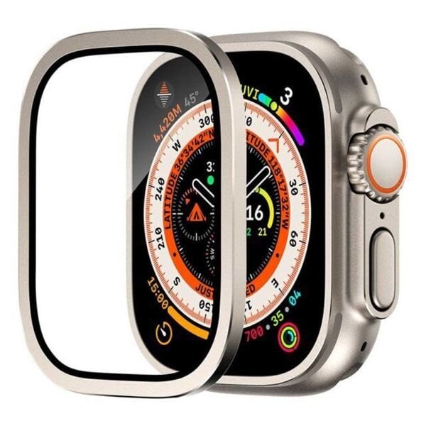 Apple Watch Ultra 49mm Titanyum Metal Çerçeveli Cam Ekran Koruyucu