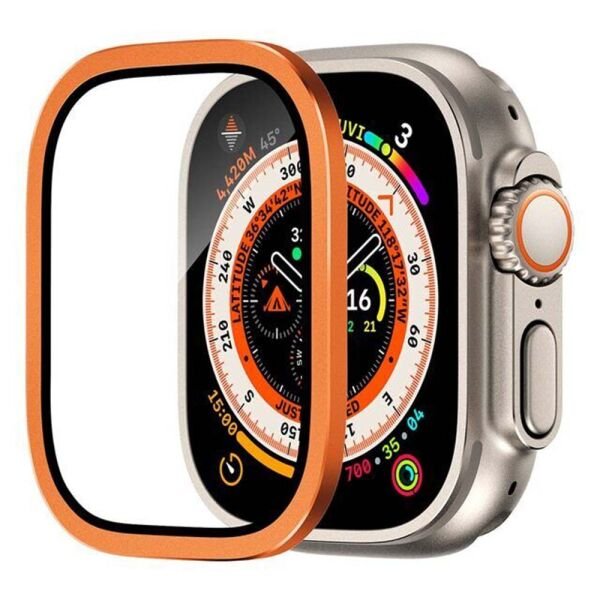 Apple Watch Ultra 49mm Titanyum Metal Çerçeveli Cam Ekran Koruyucu Turuncu