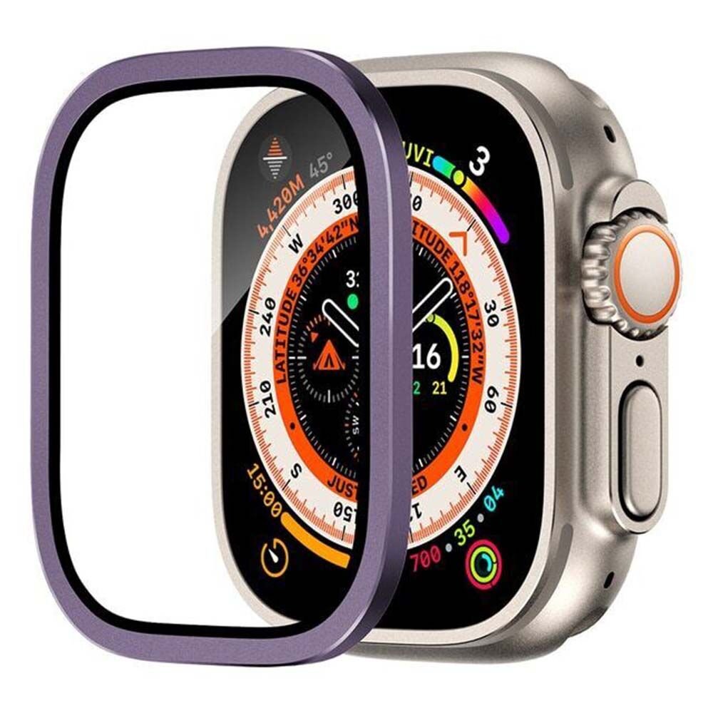 Apple Watch Ultra 49mm Titanyum Metal Çerçeveli Cam Ekran Koruyucu Derin Mor