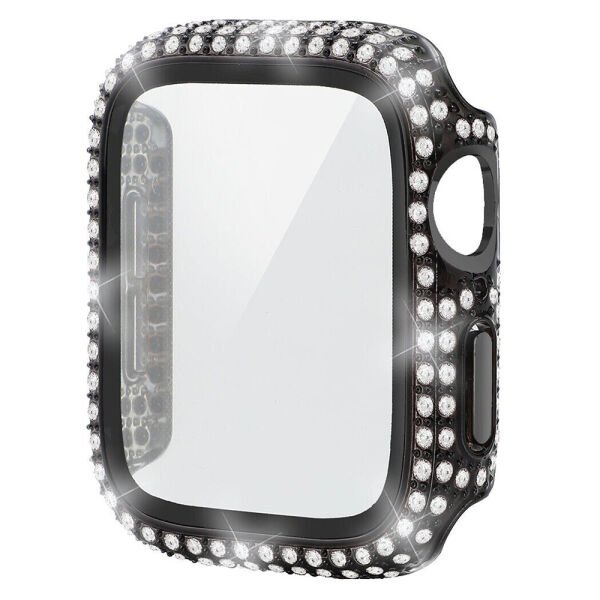 Apple Watch 45-44-40-41mm Komple Taşlı Kasa Ekran Koruyucu 45mm - Siyah