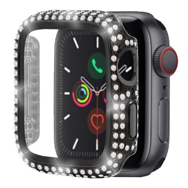 Apple Watch 45-44-40-41mm Komple Taşlı Kasa Ekran Koruyucu 45mm - Siyah