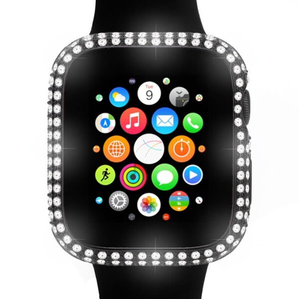 Apple Watch 45-44-40-41mm Komple Taşlı Kasa Ekran Koruyucu 45mm - Siyah