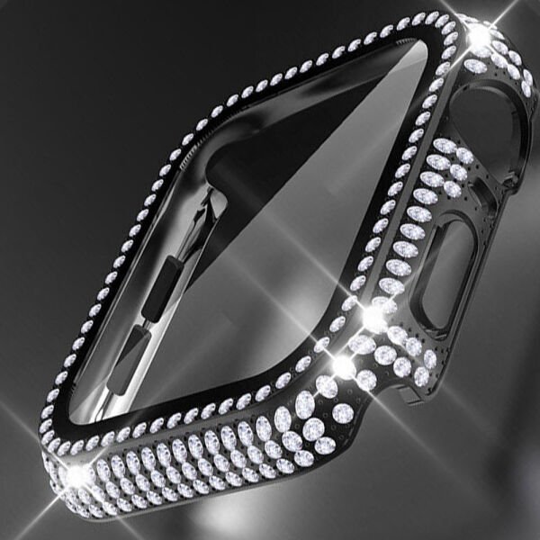 Apple Watch 45-44-40-41mm Komple Taşlı Kasa Ekran Koruyucu 45mm - Siyah