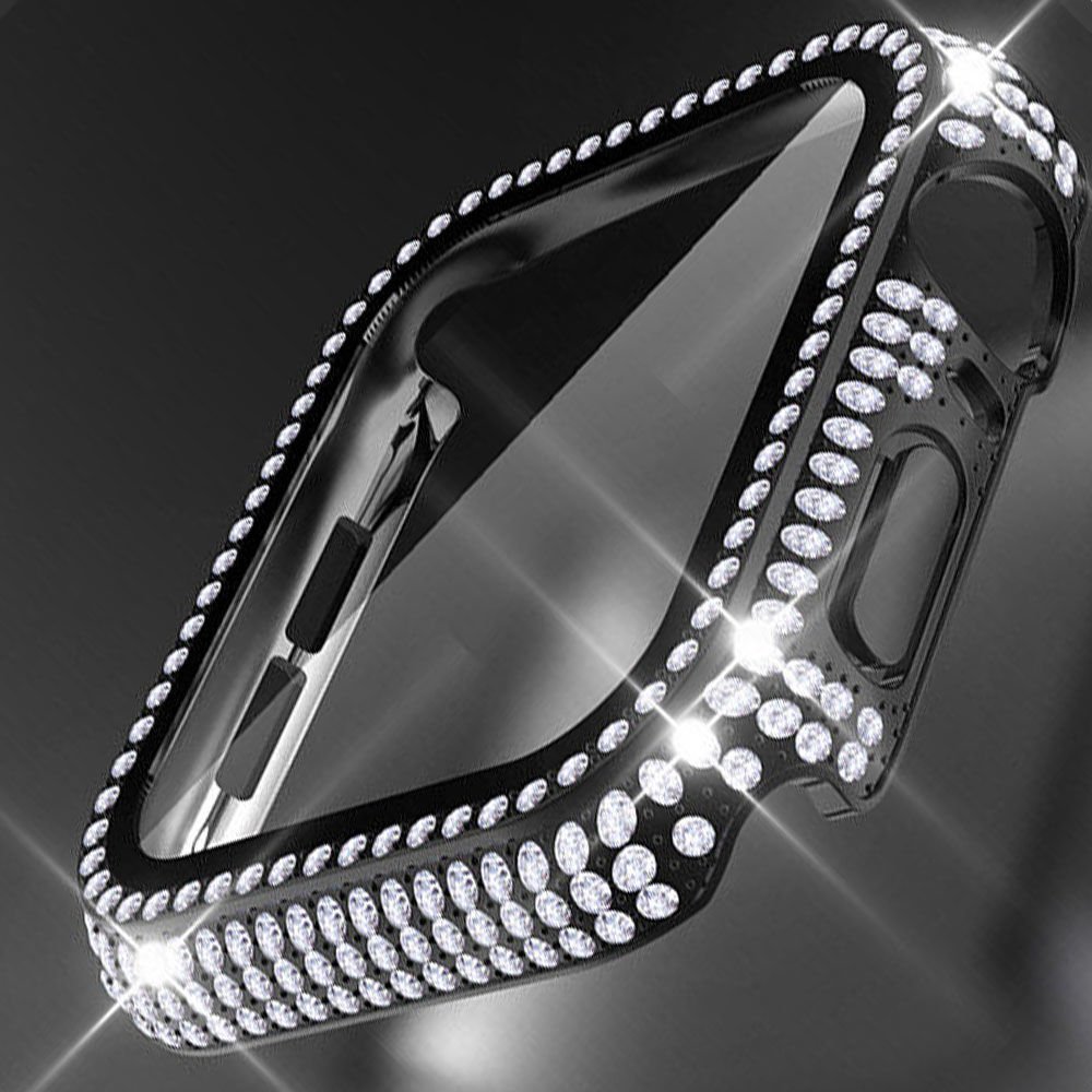 Apple Watch 45-44-40-41mm Komple Taşlı Kasa Ekran Koruyucu 41mm - Siyah