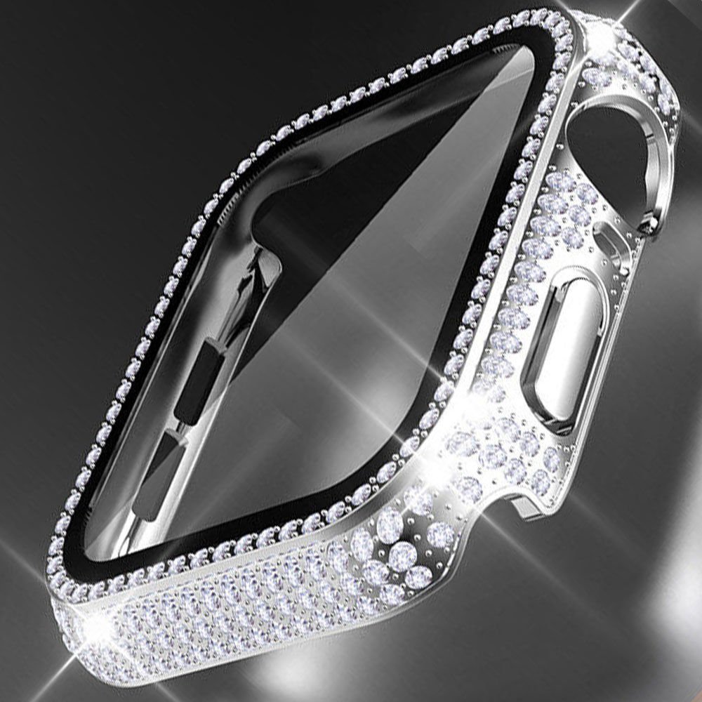 Apple Watch 45-44-40-41mm Komple Taşlı Kasa Ekran Koruyucu 45mm - Gümüş