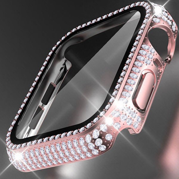 Apple Watch 45-44-40-41mm Komple Taşlı Kasa Ekran Koruyucu 45mm - Pembe