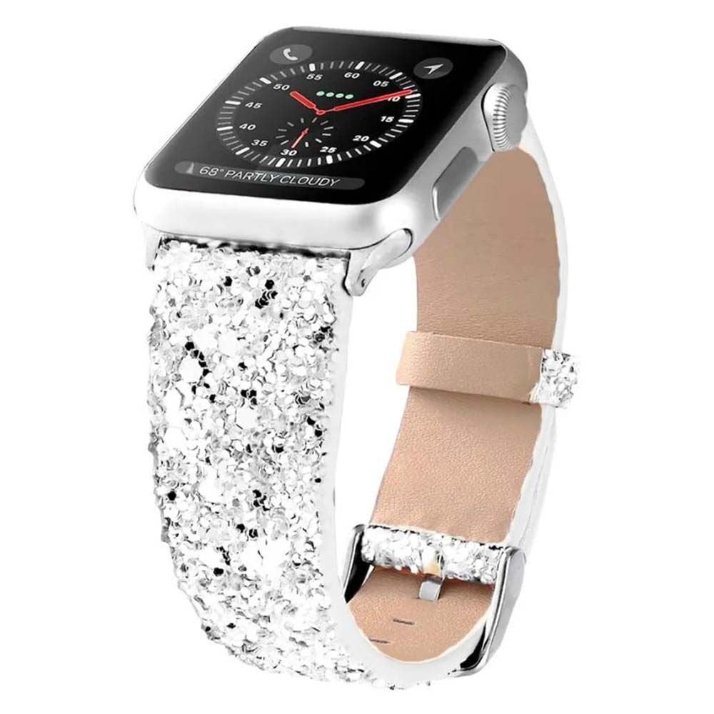 Apple Watch 49-45-44-42mm Glit Simli Deri Kordon Beyaz