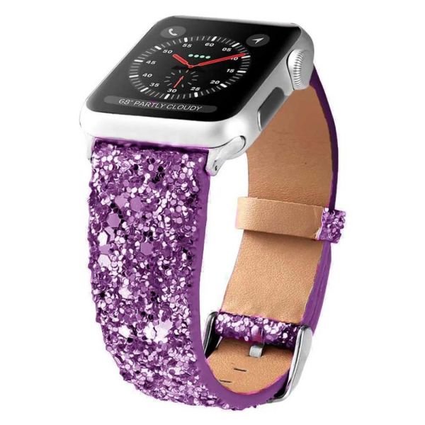 Apple Watch 49-45-44-42mm Glit Simli Deri Kordon Mor