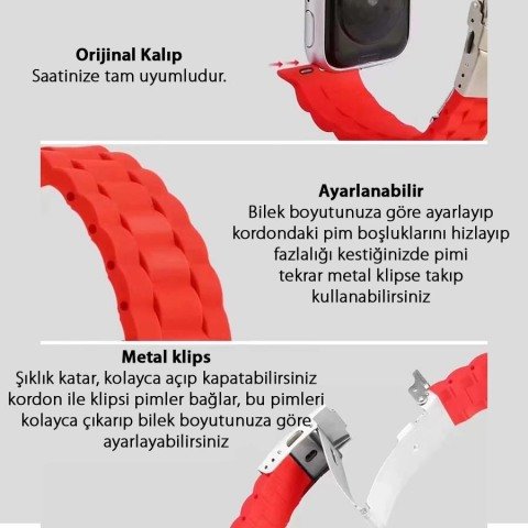 Apple Watch 45/44/42mm 3B Baklalı Silikon Metal Klipsli Kordon