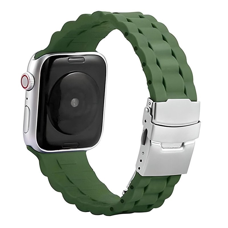 Apple Watch 38/40/41mm 3B Baklalı Silikon Metal Klipsli Kordon Koyu Yeşil