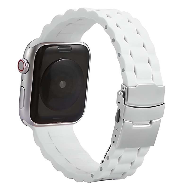 Apple Watch 45/44/42mm 3B Baklalı Silikon Metal Klipsli Kordon Beyaz