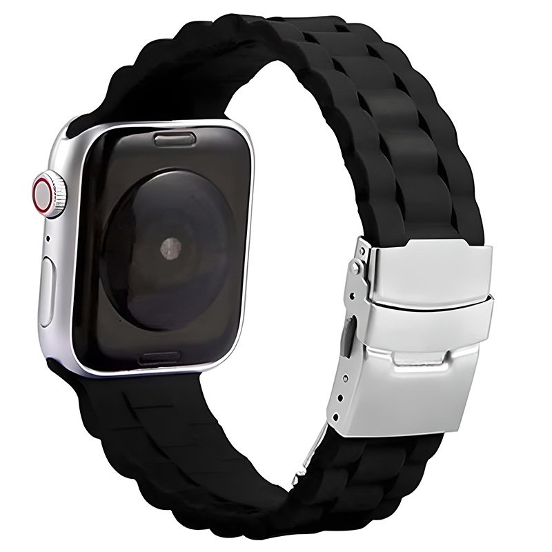 Apple Watch 45/44/42mm 3B Baklalı Silikon Metal Klipsli Kordon Siyah