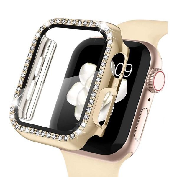 Apple Watch 44mm Diamon Taşlı Parlak Ekran Koruyucu Kasa Gold