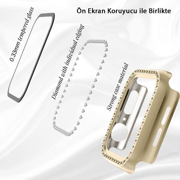 Apple Watch 40mm Diamon Taşlı Parlak Ekran Koruyucu Kasa Gold