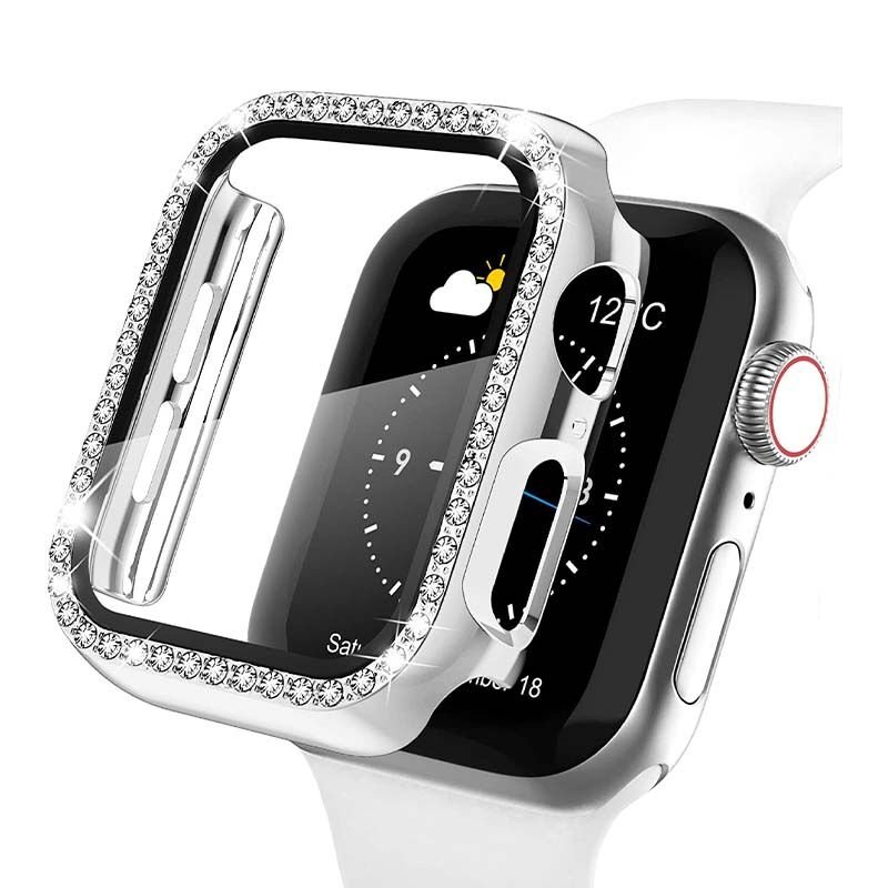 Apple Watch 40mm Diamon Taşlı Parlak Ekran Koruyucu Kasa Gümüş