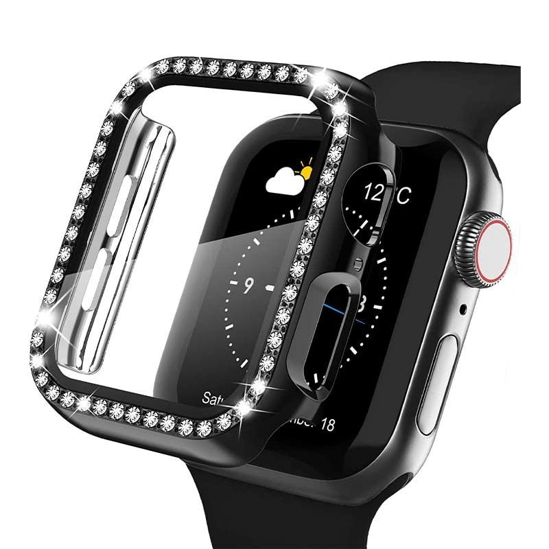 Apple Watch 40mm Diamon Taşlı Parlak Ekran Koruyucu Kasa Siyah