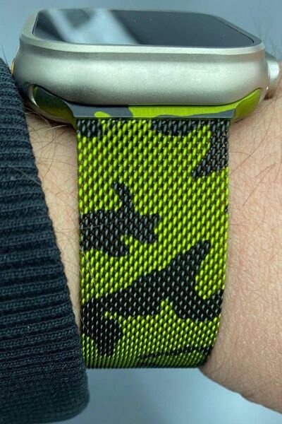 Apple Watch 42-44-45-49mm Milan Metal Hasır Kordon Kamuflaj Yeşil