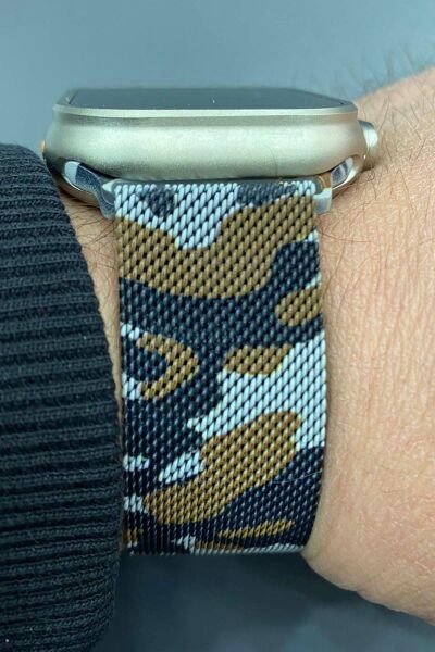 Apple Watch 42-44-45-49mm Milan Metal Hasır Kordon Kamuflaj Gri Kahve