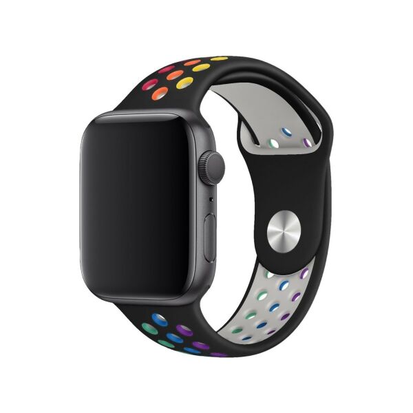 Apple Watch 49-45-44-42mm Rainbow Nike Delikli Silikon Kordon Siyah