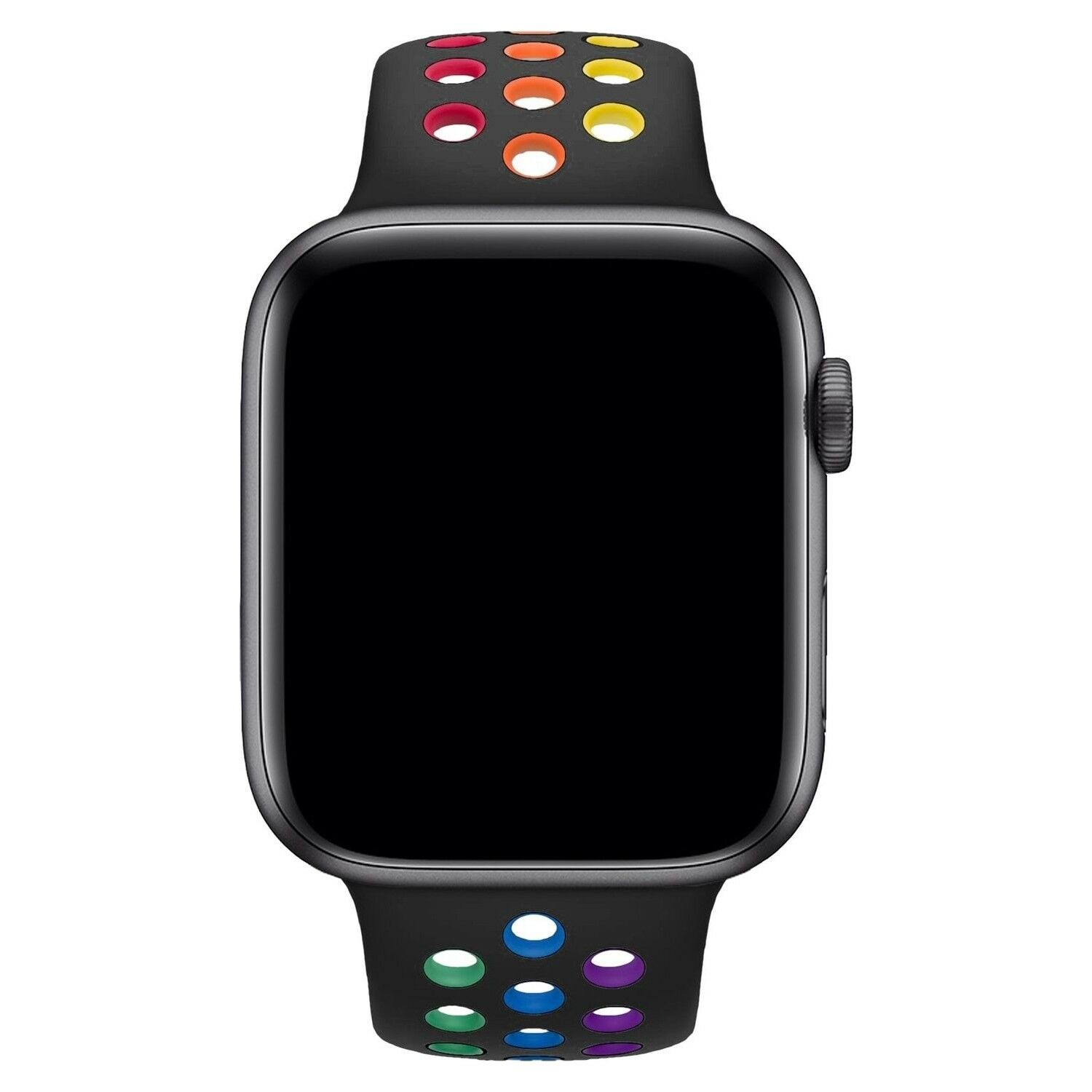 Apple Watch 49-45-44-42mm Rainbow Nike Delikli Silikon Kordon Siyah