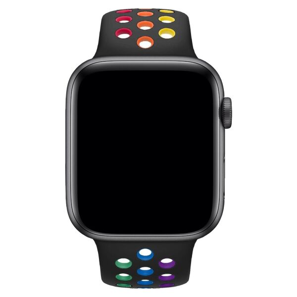 Apple Watch 49-45-44-42mm Rainbow Nike Delikli Silikon Kordon Siyah