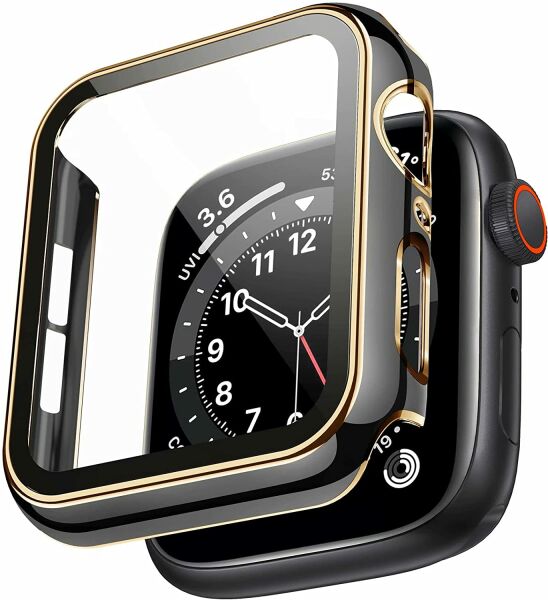 Apple Watch 45mm Gold Case Parlak Gold Çizgili Ekran Koruyucu Kasa Siyah