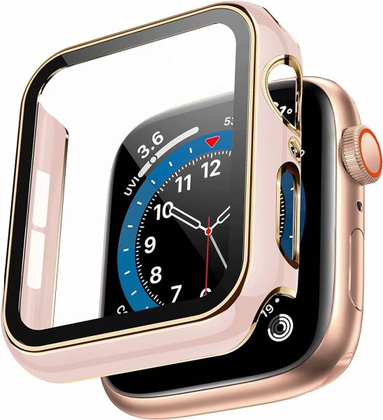 Apple Watch 44mm Gold Case Parlak Gold Çizgili Ekran Koruyucu Kasa Pembe