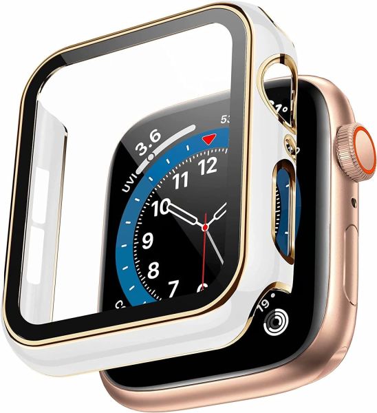 Apple Watch 41mm Gold Case Parlak Gold Çizgili Ekran Koruyucu Kasa Beyaz