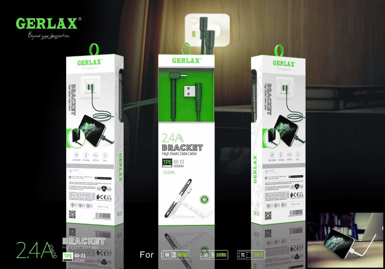 Gerlax G23 Stand Olabilen Usb Hızlı Şarj Kablosu 2.4A Haki Yeşil